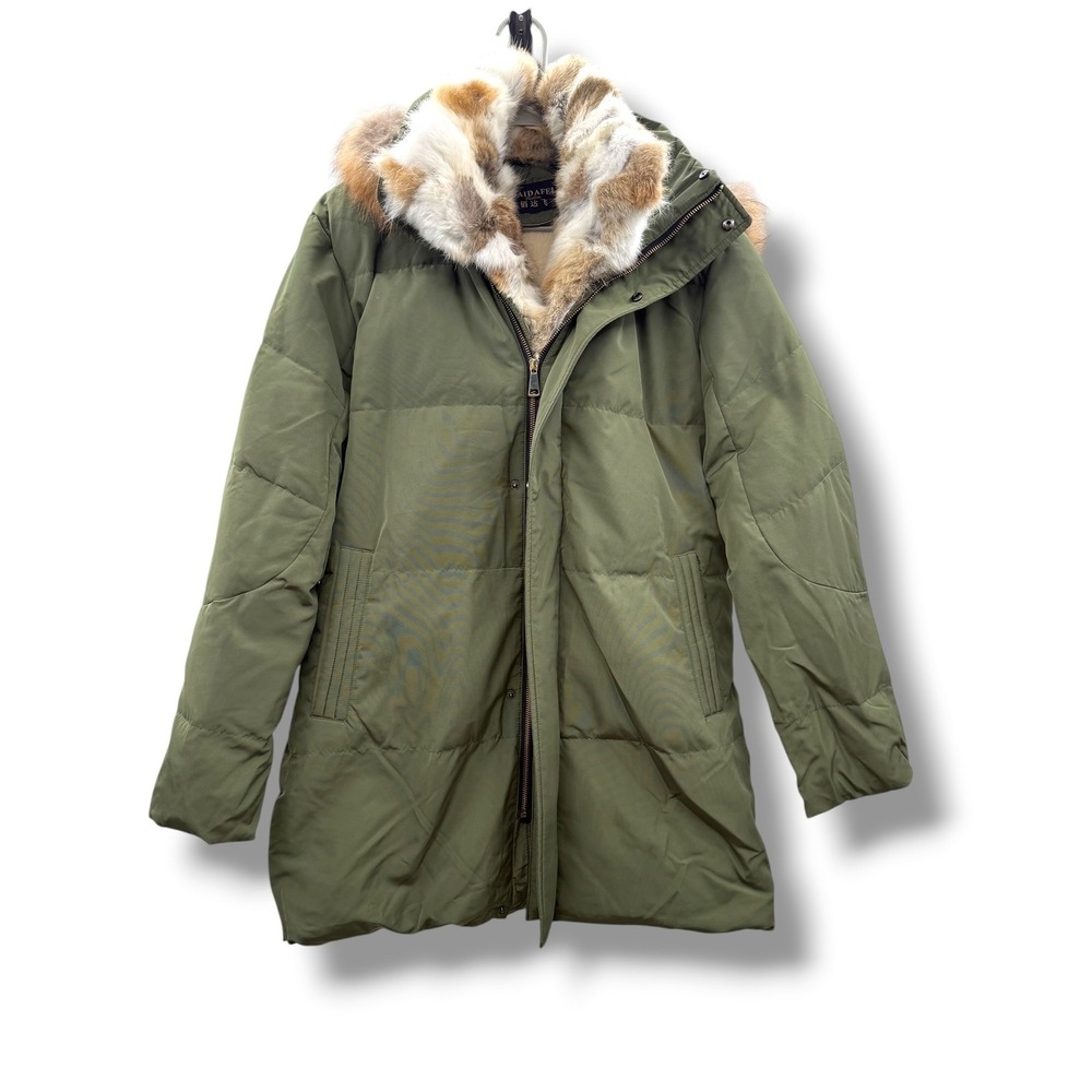 Baidafei Down Puffer Parka Womens XL Green Genuine Fur Trim White Duck Down